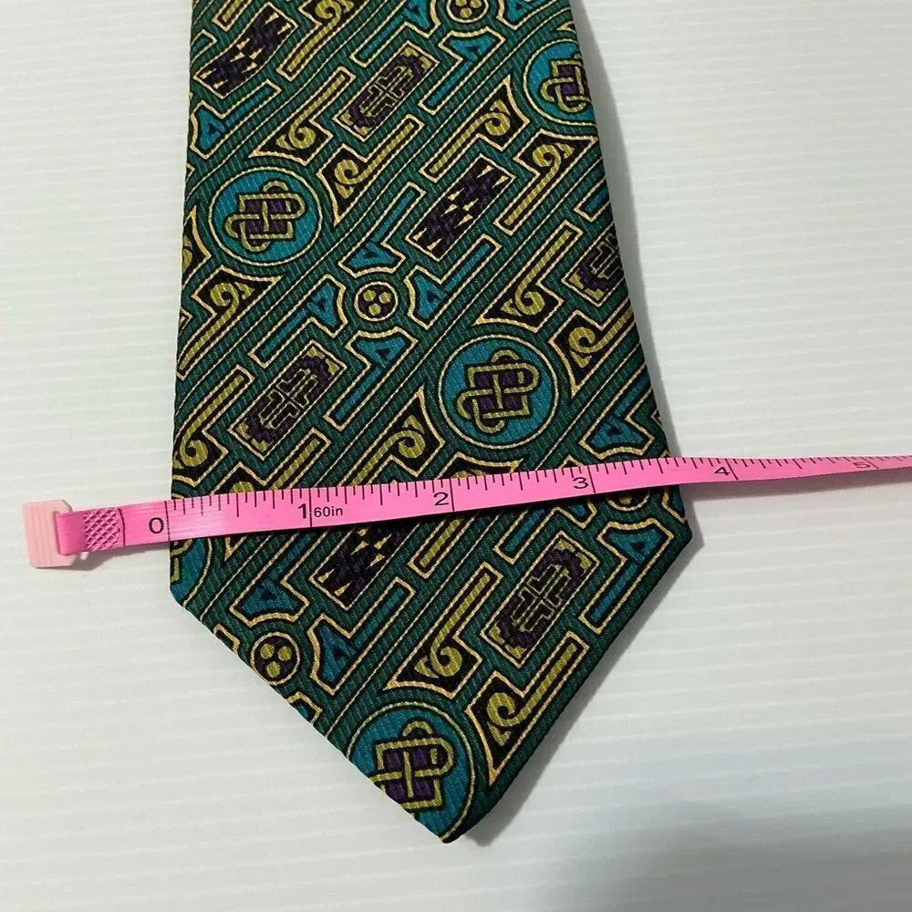 BSL Celtic Geometric Patterned Tie in Teal and Gold made in Ireland